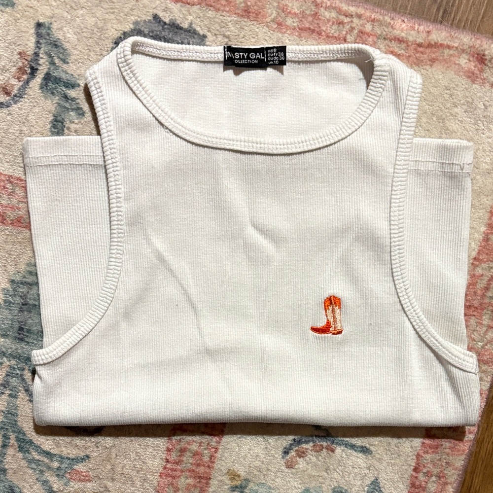 Nasty Gal White Tank Top with Embroidered Cowgirl Boot